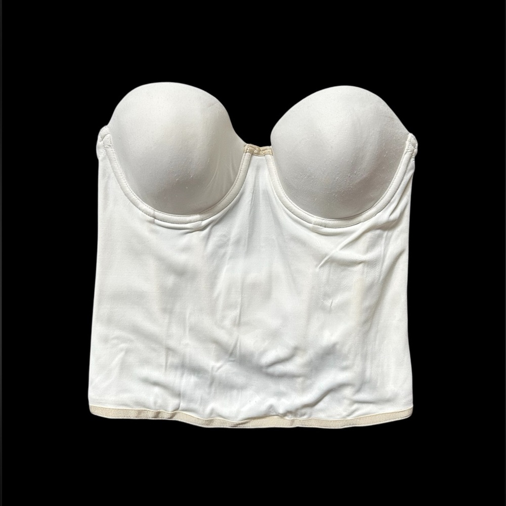 VERA WANG Off-White Satin Bustier w Dark Beige Ribbon Trim Bra Boned Modern 34B